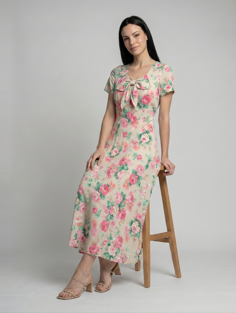 QPS Opaque Ecru Green Red and White Tearose Maxi Dress- Size: 16. Vintage- 1970s